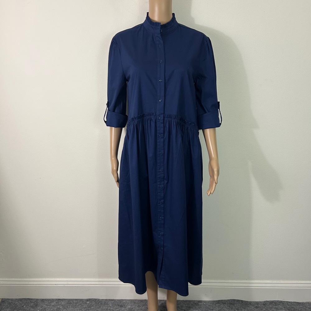Taylor Tillman Navy Blue Cotton Poplin Ruffle Drop Waist Midi Shirt Dress Small